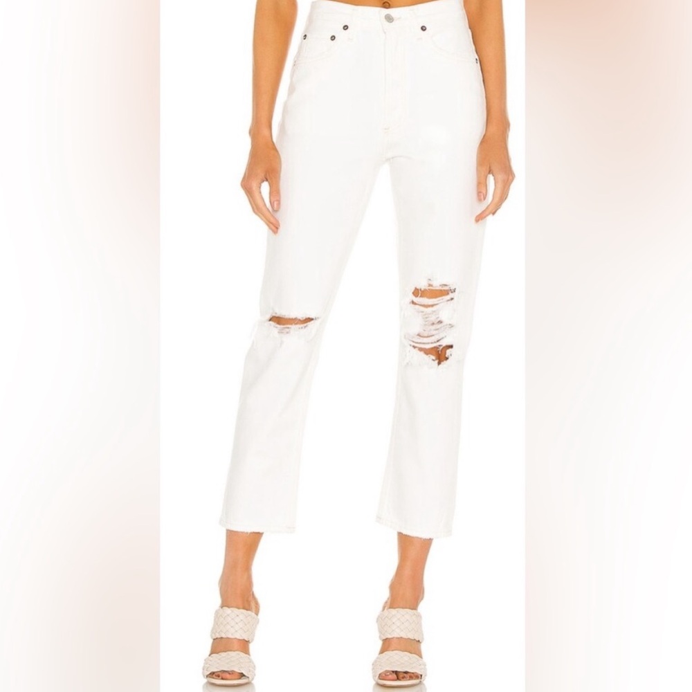 Agolde Riley White Distressed High Rise Straight Cropped Jeans